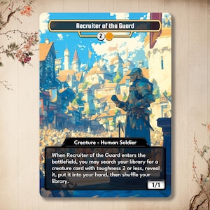 Könnte beinhalten: Eine Fantasy-Sammelkarte mit einem Soldaten in Rüstung, der vor einer mittelalterlichen Stadt steht. Die Karte trägt den Titel "Rekruter der Garde" und kostet 2 Mana. Der Kartentext lautet: "Wenn Rekruter der Garde ins Spiel kommt, kannst du deine Bibliothek nach einer Kreaturenkarte mit Widerstandsfähigkeit 2 oder weniger durchsuchen, sie offenbaren, sie auf deine Hand legen und dann deine Bibliothek mischen." Die Karte hat eine Stärke von 1 und eine Widerstandsfähigkeit von 1.
