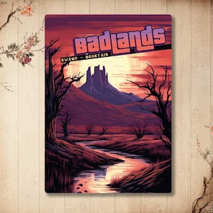 May include: A digital illustration of a landscape with a mountain range in the background. The sky is a vibrant orange and purple, and there is a river flowing through the foreground. The text "Badlands" is written in a bold, white font at the top of the image. The text "Swamp - Mountain" is written in a smaller, white font below the word "Badlands".