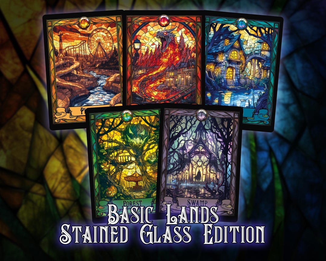 Stained Glass Basic Lands – Full Art Custom Cards | Vintage Style