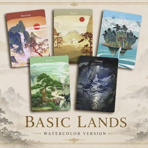 May include: Five rectangular game cards labeled Mountain, Plains, Island, Forest, and Swamp, featuring watercolor landscape illustrations. The text Basic Lands Watercolor Version is printed below the cards on a beige background with mountain art.