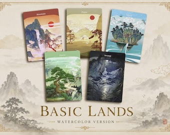 May include: Five rectangular game cards labeled Mountain, Plains, Island, Forest, and Swamp, featuring watercolor landscape illustrations. The text Basic Lands Watercolor Version is printed below the cards on a beige background with mountain art.