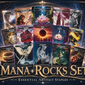 Puede incluir: Una colección de doce cartas coleccionables de fantasía dispuestas en abanico, con ilustraciones vibrantes de artefactos y reliquias. El texto MANA ROCKS SET ESSENTIAL ARTIFACT STAPLES está impreso en oro sobre un fondo cósmico oscuro.