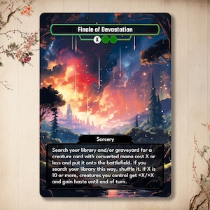 May include: A fantasy-themed Magic: The Gathering card with a green, black, and white colour scheme. The card is titled "Finale of Devastation" and features a colourful landscape with a starry sky and falling meteors. The card text reads: "Search your library and/or graveyard for a creature card with converted mana cost X or less and put it onto the battlefield. If you search your library this way, shuffle it. If X is 10 or more, creatures you control get +X/+X and gain haste until end of turn."