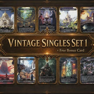 May include: A collection of ten fantasy trading cards arranged in two rows on a dark brown background. The central gold-trimmed plaque displays the text Vintage Singles Set 1 + Free Bonus Card. Each card features detailed illustrations and text.
