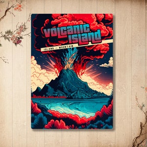 以下が含まれることがあります： 島での火山噴火を描いた長方形のポスター。上部に「VOLCANIC ISLAND」、その下に「ISLAND - MOUNTAIN」という文字がある。暗い山、青い海、鮮やかな赤と青の煙の雲が描かれている。