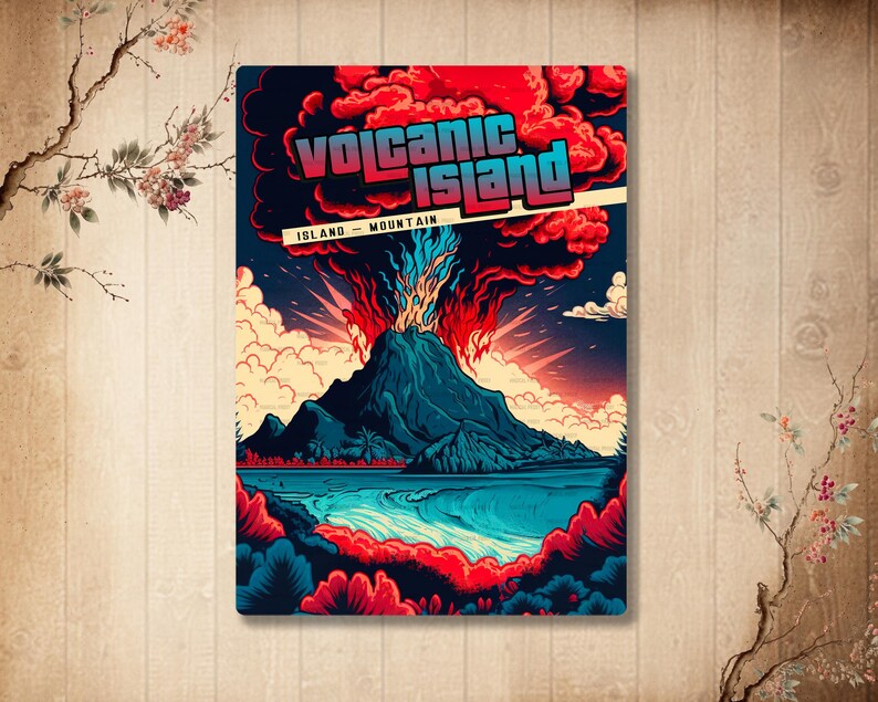 以下が含まれることがあります： 島での火山噴火を描いた長方形のポスター。上部に「VOLCANIC ISLAND」、その下に「ISLAND - MOUNTAIN」という文字がある。暗い山、青い海、鮮やかな赤と青の煙の雲が描かれている。