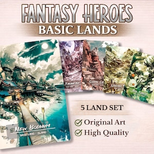 Peut inclure: Ensemble de cinq cartes de terres fantastiques avec des illustrations originales. Les cartes présentent divers paysages, dont une île avec le texte "New Bodhum" et d'autres lieux. L'ensemble est étiqueté "5 Land Set" et met en avant "Original Art" et "High Quality".