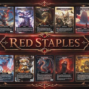 May include: A display featuring ten Magic: The Gathering trading cards arranged in two rows under the title RED STAPLES. The cards include Dockside Extortionist, Deflecting Swat, Ancient Copper Dragon, Aggravated Assault, Wheel of Fortune, Underworld Breach, Ragavan, Nimble Pilferer, Terror of the Peaks, Jeska's Will, and Goblin Welder.