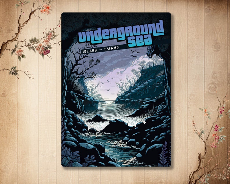 以下が含まれることがあります： 「UNDERGROUND SEA」および「ISLAND - SWAMP」というテキストが上部に記された、暗く様式化された風景イラストの長方形のウォールアートプリント。岩の多い川が洞窟のような場所を流れる様子が描かれています。