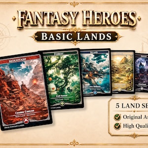 May include: A set of five Fantasy Heroes Basic Lands game cards featuring detailed illustrations of a mountain, forest, island, plains, and swamp. The cards are displayed against a tan background with the text Fantasy Heroes Basic Lands.