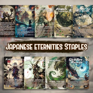 Könnte beinhalten: Eine Sammlung von Fantasy-Sammelkarten mit verschiedenen Illustrationen und Texten. Die Karten zeigen Charaktere, Kreaturen und Landschaften, mit Titeln wie "Tezzeret" und "Quantum Riddler". Der Text "Japanese Eternities Staples" ist prominent dargestellt.