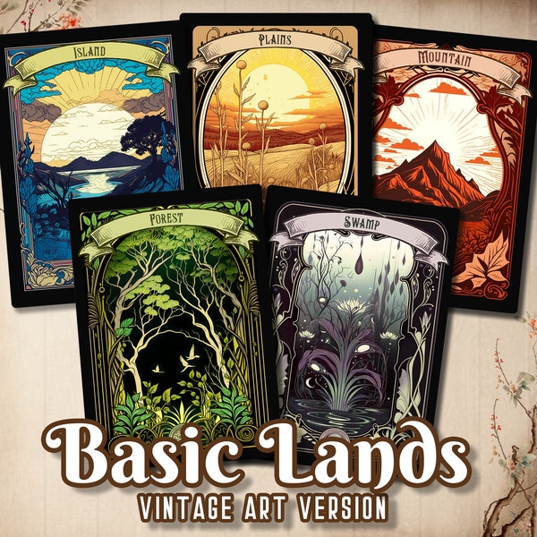 Basic Lands - Illustrations complètes de cartes personnalisées MTG, procuration MTG avec oeuvres d'art vintage