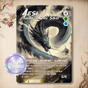 May include: A trading card featuring a detailed illustration of a serpentine dragon with the text "AESI, TYRANT OF GYRE STRAIT." The card has a foil sticker and includes game information. The card's background depicts a misty landscape.