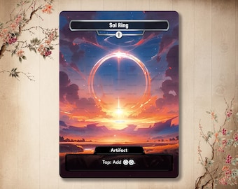 Puede incluir: Una carta de Magic: The Gathering que representa un anillo con un orbe brillante en el centro. La carta se titula "Sol Ring" y tiene un coste de maná de 1. El texto de la carta dice "Artefacto. Toca: Añade {C}{C}."