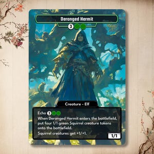 May include: A fantasy illustration of a creature card from a trading card game. The card is titled "Deranged Hermit" and features a hooded elf with a green background. The card text reads "Echo 3. When Deranged Hermit enters the battlefield, put four 1/1 green Squirrel creature tokens onto the battlefield. Squirrel creatures get +1/+1. 1/1."