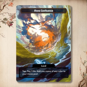 May include: A Magic: The Gathering card called "Mana Confluence". It is a land card with a colorful, swirling image of a sky with clouds and a sun. The text on the card reads: "Tap, Pay 1 life: Add one mana of any color to your mana pool."