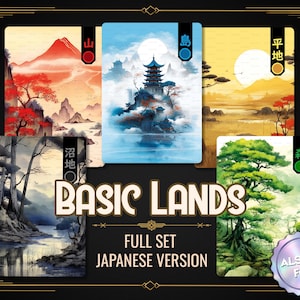 Puede incluir: Un juego completo de cartas Basic Lands en versión japonesa. Cada carta presenta una pintura de paisaje diferente, incluyendo montañas, una pagoda, una puesta de sol, un bosque y una escena de río. Se muestra el texto "Basic Lands" y "Full Set Japanese Version".