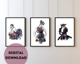 Fashion Girl Art Prints: Set of 3 Colorful Dress Illustrations (Digital Download)