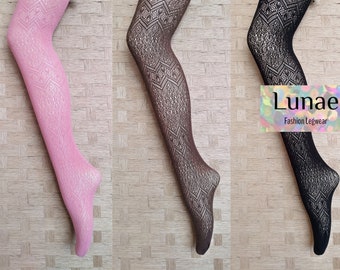 fishnet tights pattern mesh crochet lace geometric heart zig-zag brown 8/10/12/14 mod retro Y2K goth twee dance rave festival fairy cottage