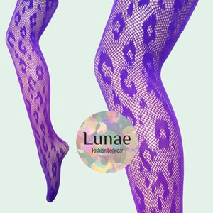 fishnet tights pattern mesh leopard animal onesize purple 10/12/14/16/18 bright mod retro Y2K goth grunge dance rave festival carnival
