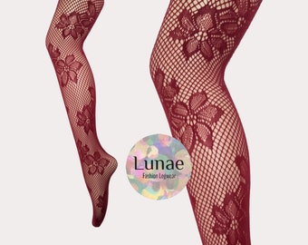 fishnet tights pattern mesh lily floral onesize ruby wine 8/10/12/14/16 flower mod retro Y2K goth grunge dance rave festival fairy carnival