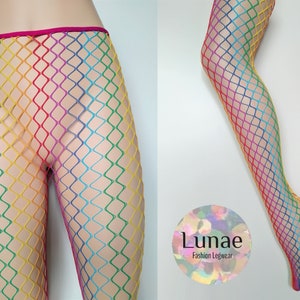 fishnet tights rainbow mesh unicorn colourful bright UK 8/10/12/14 multicolour mod retro Y2K lgbtq pride dance rave festival fairy carnival