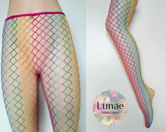 fishnet tights rainbow mesh unicorn colourful bright UK 8/10/12/14 multicolour mod retro Y2K lgbtq pride dance rave festival fairy carnival