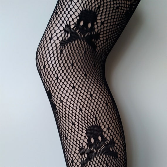 Fishnet Tights Skull Crossbones Spot Polka Dot Lace Pattern Black