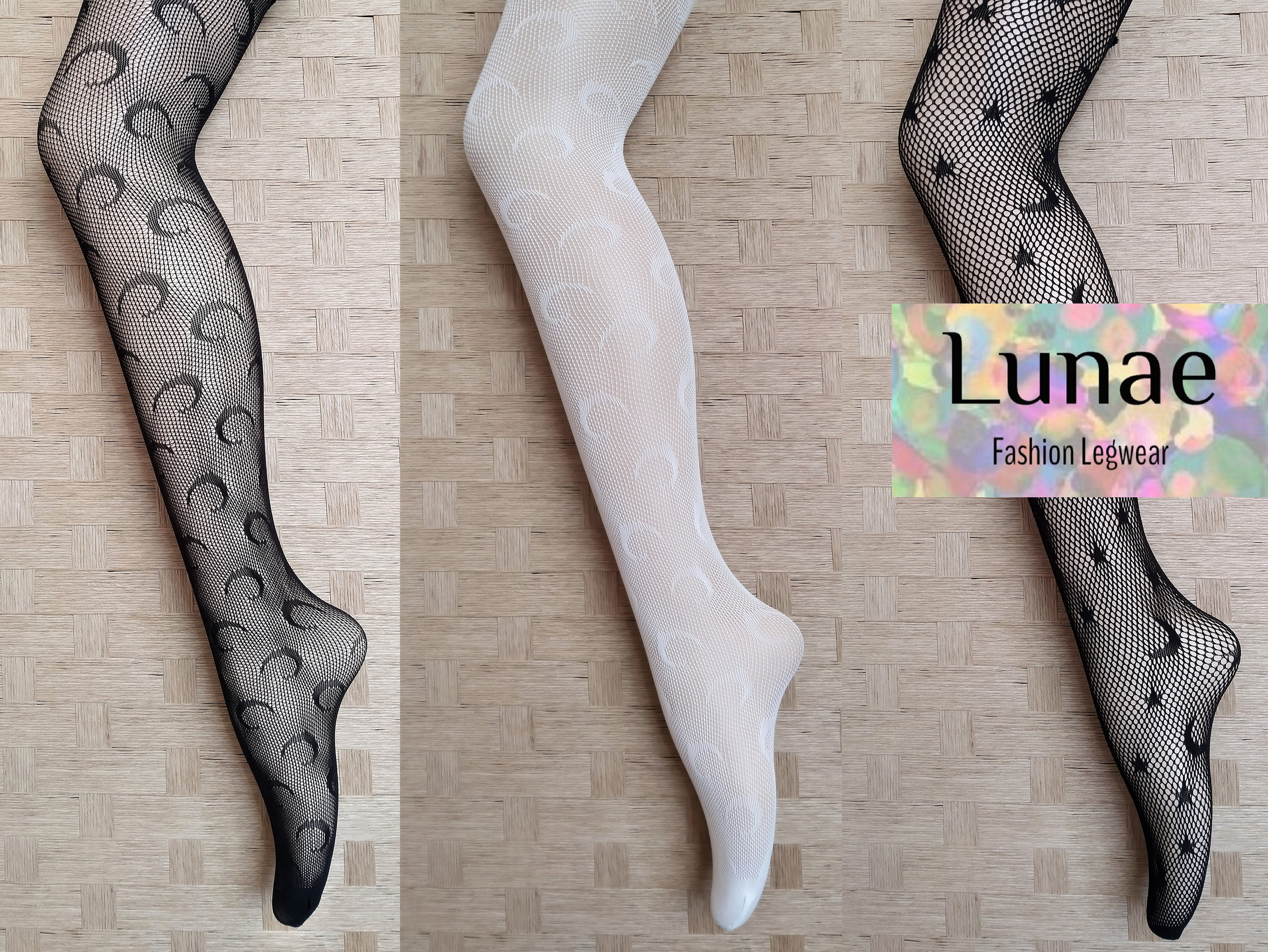 fishnet tights MOON celestial pattern white mesh LUNAE rave festival  astrology