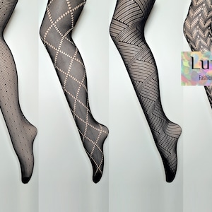 fishnet tights lace retro pattern geometric stripe zig-zag plaid spotted black onesize 8/10/12/14 goth mod festival rave Y2K grunge mugler