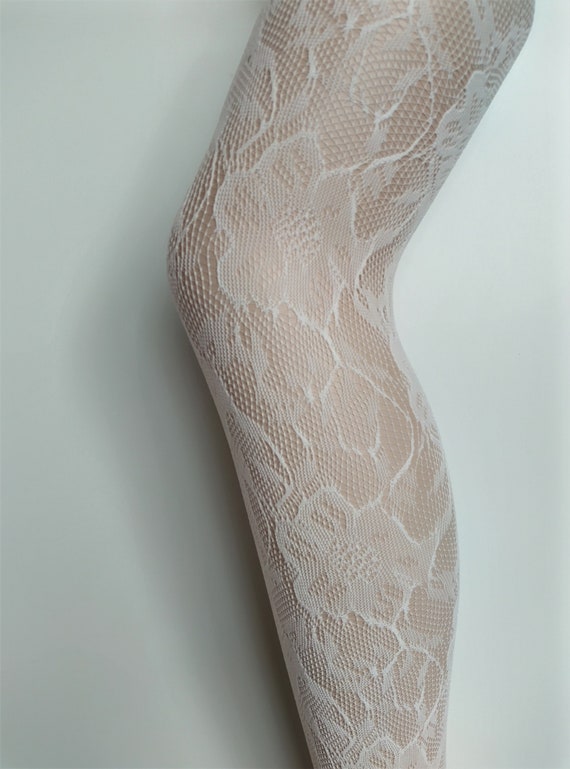 fishnet tights floral white VINTAGE LACE pattern mesh LUNAE mod retro  8/10/12/14