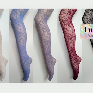 fishnet tights pattern mesh floral onesize lilac cream wine 8/10/12/14 flower mod retro Y2K goth grunge dance rave festival fairy carnival image 1