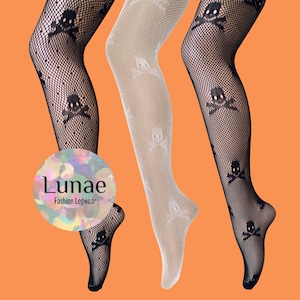 fishnet tights skull crossbones spot polka dot lace pattern black onesize 8/10/12/14/16/18 Y2K halloween goth harajuku UV rave