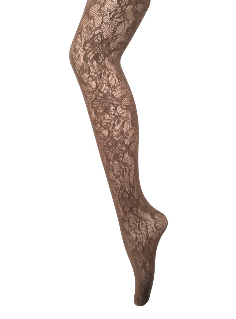 fishnet tights pattern mesh floral onesize lilac cream wine 8/10/12/14 flower mod retro Y2K goth grunge dance rave festival fairy carnival Coffee Brown