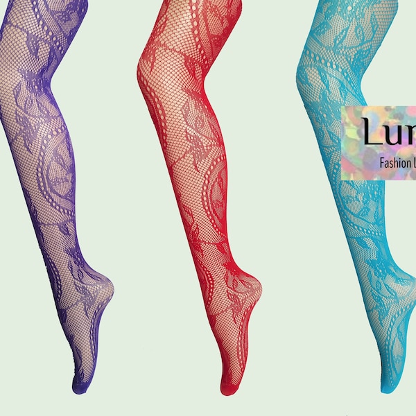 fishnet tights pattern mesh floral one-size turquoise purple red 8/10/12/14 flower mod retro Y2K goth dance rave festival fairy carnival