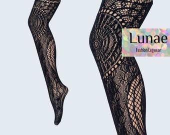 fishnet tights mandala lace retro pattern geometric crochet baroque black one-size 8/10/12/14 goth mod festival rave Y2K grunge mugler