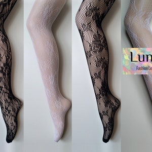 fishnet tights floral rose retro lace pattern white black onesize 8/10/12/14 goth lolita mod festival UV rave