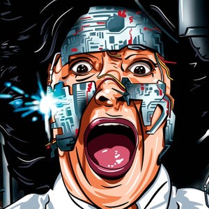 Puede incluir: Una impresión enmarcada que presenta a una persona con una expresión de sorpresa y la boca abierta, usando un casco futurista. La obra de arte tiene un tema de ciencia ficción, con un rayo láser azul y el texto "BOBBY DAZZLER" en la parte inferior.