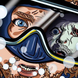May include: A framed art print featuring a colorful illustration of a person wearing a blue diving mask, with a reflection of another person. The artwork includes the text "BOBBY DAZZLER" in the lower right corner. The print is in a wooden frame.