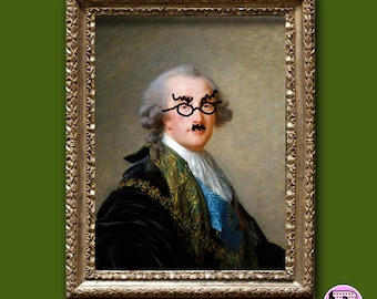 May include: A framed portrait of a man in a black and gold embroidered jacket. He is wearing a white cravat and has a powdered wig. He has a mustache and is wearing glasses.