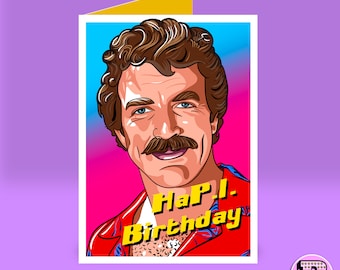 Puede incluir: Una tarjeta de felicitación con una ilustración de dibujos animados de un hombre con bigote. La tarjeta tiene un fondo degradado rosa y azul y el texto "Happy Birthday" en letras amarillas.