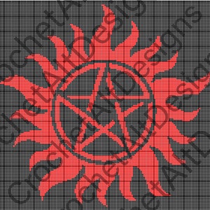 May include: Red sunburst design with a black pentagram in the center, set against a gray grid background. The sunburst has pointed rays. The pentagram is enclosed in a circle.