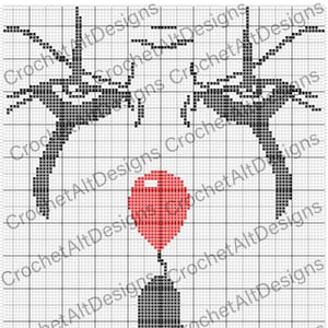 Puede incluir: Arte de píxeles en blanco y negro de una figura sosteniendo un globo rojo. La figura lleva un sombrero y un abrigo largo. El globo flota sobre la cabeza de la figura.