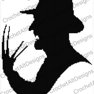 May include: A black silhouette of a figure with a hat and bladed glove, a design for crochet projects. The image is a pixelated graphic, with the words "Crochet Alt Designs" repeated around the edges.