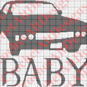 May include: Black and white cross-stitch pattern of a car with the word "BABY" underneath.