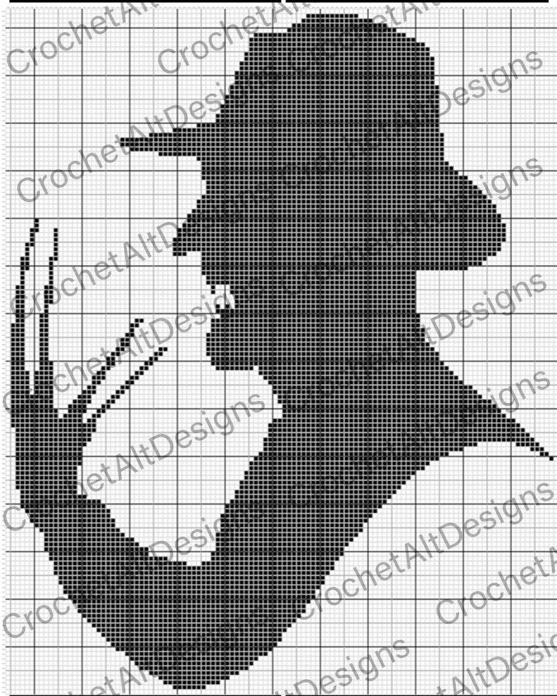 May include: Black and white crochet pattern featuring a silhouette of a figure with a hat and clawed hand. The design is on a grid, suitable for crafting. The text "Crochet Alt Designs" is visible.