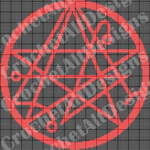 Könnte beinhalten: Ein rotes Pentagramm mit einem Kreis darum, auf einem schwarz-weißen Gitterhintergrund.