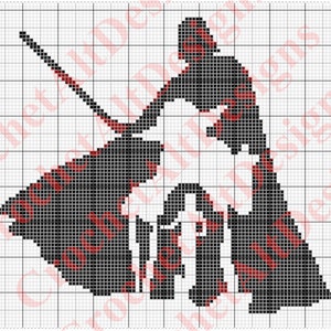 May include: Black and white pixel art image of a Star Wars scene. Darth Vader is standing with his lightsaber raised, and Luke Skywalker is kneeling in front of him.