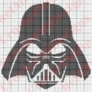 Puede incluir: Patrón de punto de cruz en pixel art en blanco y negro del casco de Darth Vader de Star Wars.