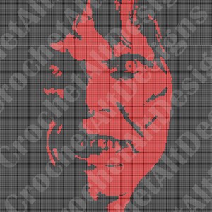 Könnte beinhalten: Ein pixeliertes Porträt eines Gesichts in Rot und Schwarz. Das Gesicht ist im Profil dargestellt, wobei das Auge und der Mund der Person sichtbar sind. Der Hintergrund ist ein schwarz-weißes Gitter.